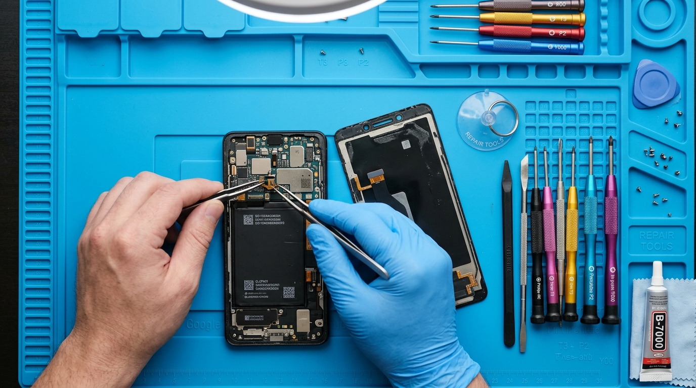 Manutenção e assistência técnica especializada de smartphones em bancada profissional